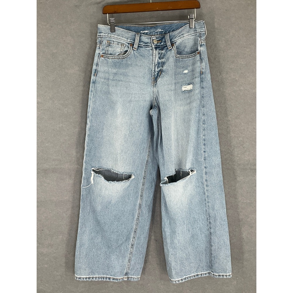 Old Navy Womens Jeans Baggy Wide Leg Mid Rise Distressed Light Wash‎ Denim Sz 8
